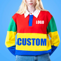 T-shirts rayés tissés à manches longues, coupe oversize et carrée, avec logo personnalisé, col rabattu, style rugby, pour le sport et les loisirs