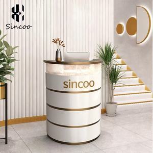 2025 Trending Modern Custom Semi-circular Beauty Salon Reception <b>Desk</b> with Wood Panel Design <b>Nail</b> Salon Use - Product Image 2