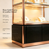 Luxuriöse Roségold-Glasvitrine für Schmuck, LED-Beleuchtung, Lederumwickelte Schublade, Anpassbar, für Hochwertige Juweliergeschäft-Präsentation