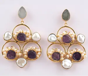 Handgemachte natürliche Multi Edelstein Ohrring natürliche Süßwasser Perlen Ohrringe ungeschnitten rohen rauen Look großen Ohrring für Hochzeits kleidung