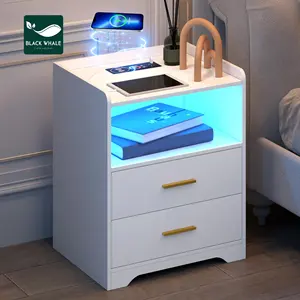 Mesa de cabeceira com estação de carregamento e luzes de 24 cores, mesa de cabeceira inteligente com mesa lateral para o quarto, mesa de cabeceira com LED