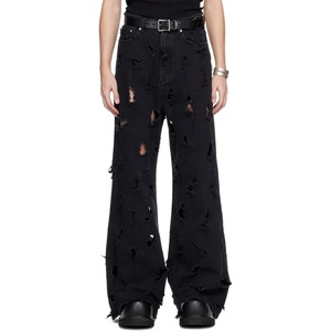 Denim <b>Jeans</b> Pants Custom Black Fray Distressed Cut Out Destroyed 100% Cotton <b>Wide</b> <b>Leg</b> Baggy Denim <b>Jeans</b> <b>Men</b> - Product Image 1