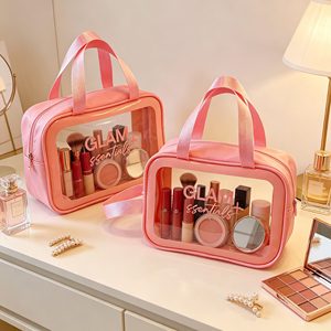 Bolsa de Maquillaje Transparente Rosa con Asa, Impermeable, para Viaje, Organizador de Cosméticos Portátil con Logotipo - Product Image 6