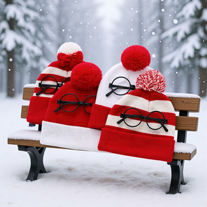 In Stock Red White Christmas Knit Hat with Glasses <strong>Pom</strong> <strong>Pom</strong> Bulk Wholesale Yarn Santa <strong>Beanie</strong> for Xmas Halloween Party - Product Image 1