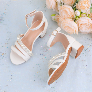 Sandali Estivi Bianchi in PU per Bambine con Tacco a Blocco, Eleganti con Cinturino alla Caviglia e Perle, <span class=keywords><strong>Scarpe</strong></span> da Principessa con Punta Aperta - Product Image 3