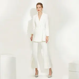 Women Business 2 Piece Office Ladies Suit Set Slim Fit White Pleated Blazer Pant Suits