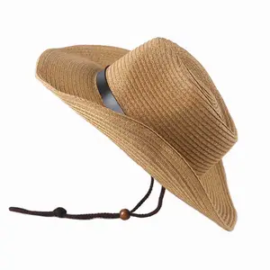 Günstige Sommer breite Krempe Frauen Männer Strohhüte Custom ized Logo Fedora Panama Stroh Cowboyhut