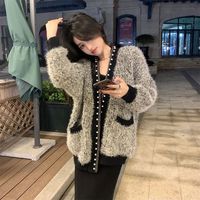 Cardigan en tricot préppy à col en V pour femme, taille plus, haut uni en cachemire confortable pour l'automne, pull-over en tricot