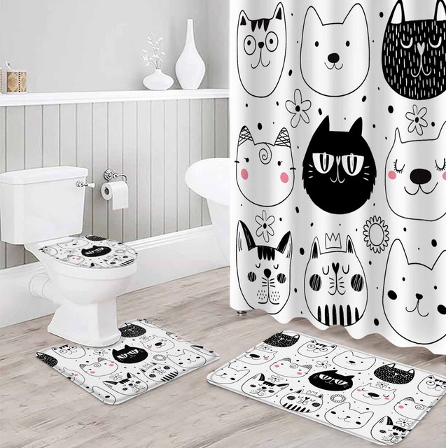 Shower Curtain Sets with Rug Cute Cat Kids Bathroom Set Nonslip Bathmat Quick Dry Funny Backed Dirt Resistant Bath Mats Washroom