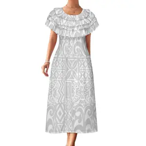 Polynesian Elei Tribal White Grey Design Custom Personality Fashion Multi-Layer Ruffled Collar Dress Drop Shipping 1 MOQ
