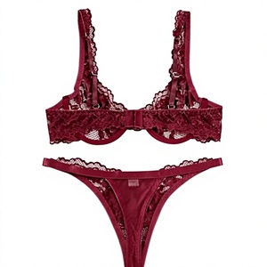 Conjunto de sujetador y braga de encaje floral color rojo vino para mujer, lencería de 2 piezas con tirantes no ajustables - Product Image 2