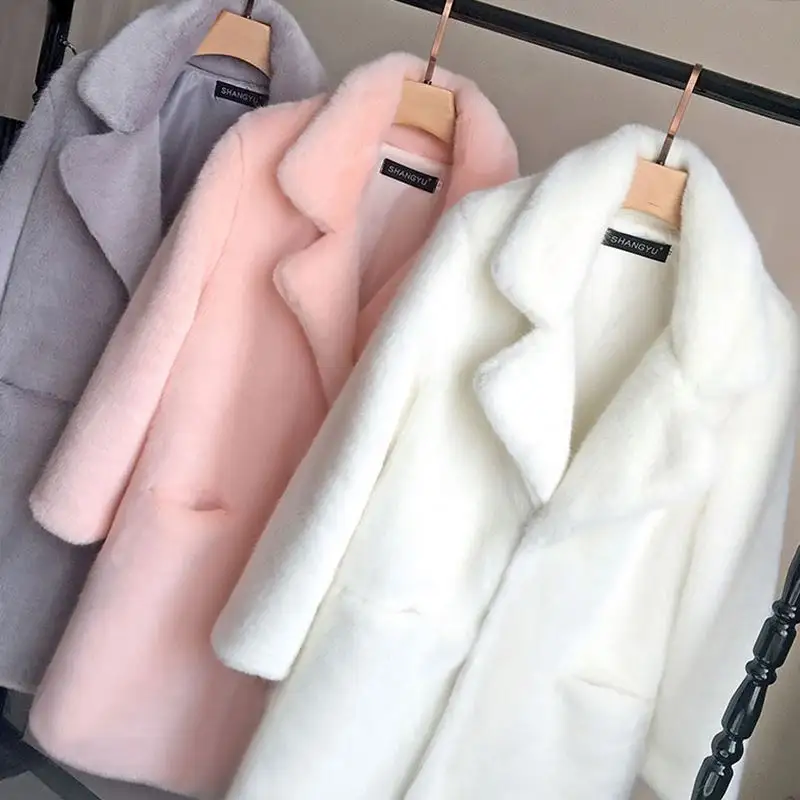 New Style Pink Fluffy Hairy Large Lapel Collar Faux Mink Fur Long Coat For Women Pink Gray White Clothing Warm Clothes
