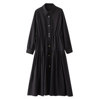 Nouvelle Robe Chemise Longue Plissée Noire Élégante pour Femme, Taille Cintrée, Manches Longues, Grand Évasement, Style Coréen Chic, Collection Printemps 2026 – Vente en Gros