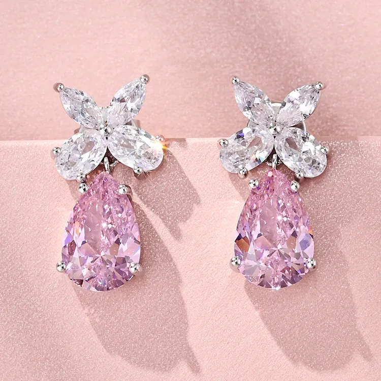 Elegant 925 Silver Jewelry Women Water Drop Earrings Pink Cubic Zirconia Gemstone Flower Drop Earrings