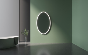 Pill Shape Countertop Illuminated Mirror with Modern Stainless Steel <b>frame</b> - Product Image 3