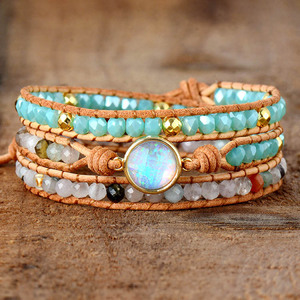 Fashion Wrap <b>Bracelet</b> Multi Layer Opal Crystal Beaded Cowhide Rope Braided Jewelry Gift For Women <b>Boho</b> Style - Product Image 1