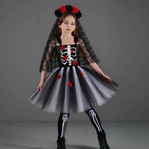 Disfraz de Novia Fantasma Esqueleto de Terror para Niñas HP, Vestido de Carnaval Negro y Rojo con Velo y Calcetines - Product Image 3