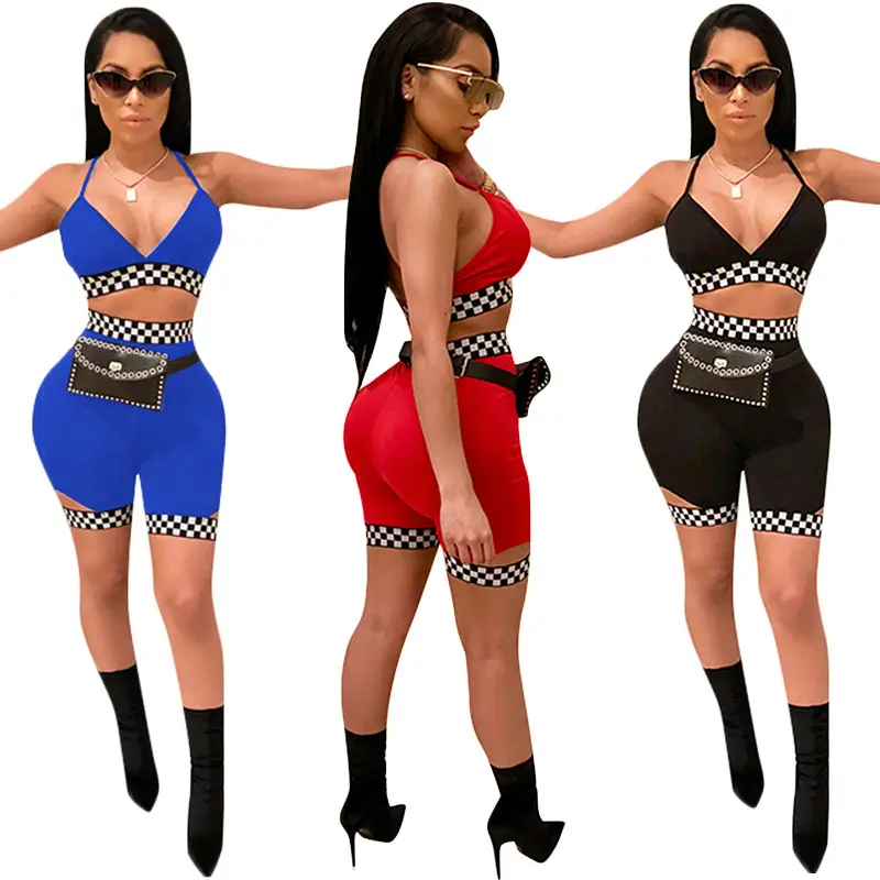 Ladies Summer 2022 Sports Shorts Two Piece Hot Fashion Racing Suit Plaid Print Leggings Casual Set