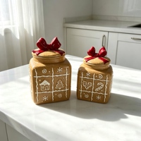 Pot de rangement en céramique à motif de pain d'épices de Noël en relief avec couvercle à nœud rouge 3D, récipient hermétique pour collations, pour la cuisine et la maison festive
