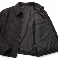 Veste en laine mélangée à 50% pour homme avec logo personnalisé, veste bomber à carreaux vintage brun foncé, fermeture éclair intégrale, ourlet élastique