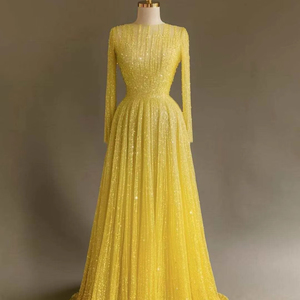 Özelleştirilmiş zirkon boncuk abiye şeffaf boyun kadife kemer uzun kollu Maxi imparatorluk A-line etek balo elbise - Product Image 1