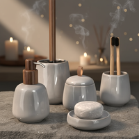 Ensemble d'accessoires de salle de bain écologiques en céramique gris clair, 5 pièces, distributeur de savon à pompe en bois d'acacia, porte-brosse de toilette