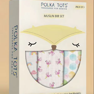 olka Tots Juego de baberos de muselina, paquete de 3, de doble capa de algodón para bebés con estampados de flamencos, arcoíris y lunares para comidas sin ensuciar - Product Image 1