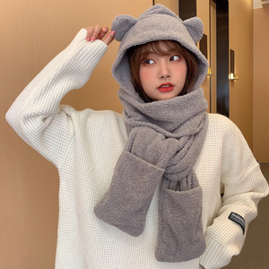 Cute Bear Hat And Scarf Set Winter Warm Fleece Three Piece Adult Stylish Commute Solid Color - Product Image 2