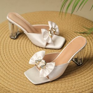 617 Summer Banquet New Crystal Heel square Bow High Heels, One-piece Sandals, Versatile Women's Shoes <b>for</b> Wearing Outside - Product Image 2