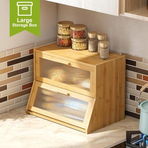 Double Layer Bamboo Wood Bread Box Large Capacity <b>Kitchen</b> Countertop Storage With Acrylic Door Panel - Product Image 3