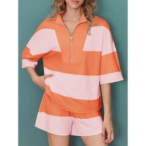 Fisoew Conjunto de 2 piezas con cuello alto y manga tres cuartos para mujer, sudadera a rayas, pantalones cortos, conjunto deportivo de verano, transpirable, de punto - Product Image 3