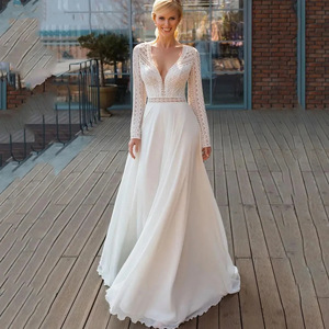 Elegant White Long Sleeve V Neck A Line Wedding Dress With Train Chiffon And Satin Fabric Natural Waistline Simple Design - Product Image 1