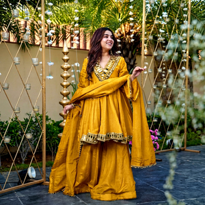 Mustard Yellow Silk Satin Ethnic <b>Shawl</b> Set With Rhinestone Embellishment Traditional Indian Pakistani <b>Wedding</b> Wear Women's Sprin - Product Image 1