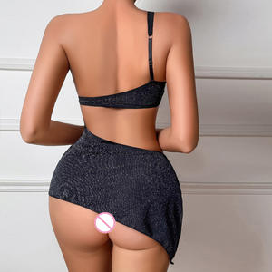 セクシーな女性用 2 ピース ランジェリー セット グリッター ノースリーブ 非対称ナイトドレスと Tバック エキゾチック ナイトウェア - Product Image 5