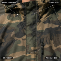 Veste coupe-vent technique en polyester camouflage woodland personnalisée avec capuche ajustable et fermeture éclair intégrale pour homme, idéale pour le streetwear et les activités de plein air