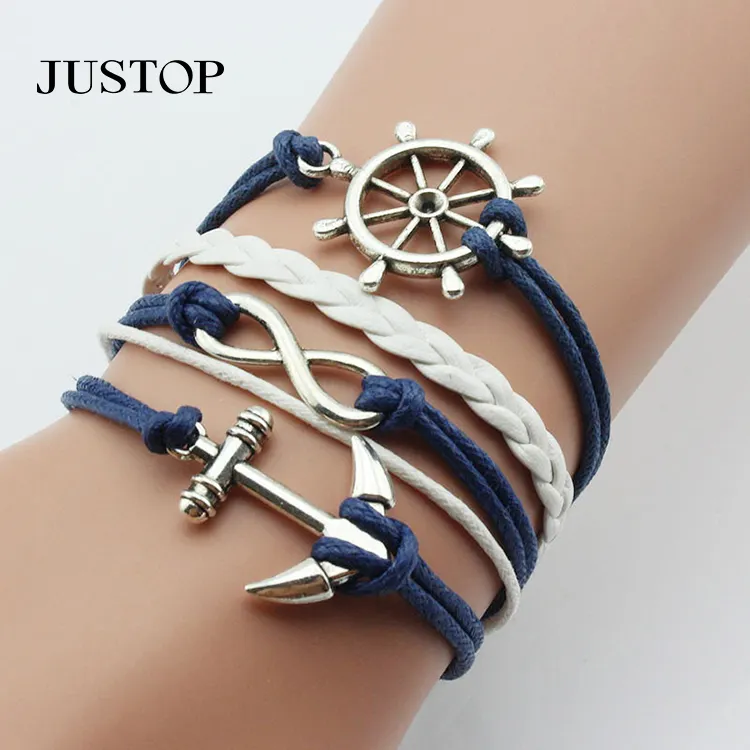 Men Jewelry New Handmade Wristband Braided Wax Cords Love Anchor Owl Hungry Games Leather Charms Bangles bracelets