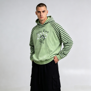 Felpa con Cappuccio da Uomo a Righe Lavate con Maniche Raglan, Stampa Grafica Teschio, Orlo Elastico Arricciato, Stile Retrò Y2K <span class=keywords><strong>Streetwear</strong></span> - Offerta Calda - Product Image 1
