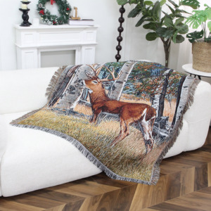 Groothandel op maat gemaakte geweven tapijtdeken met kwastjes, katoen-polyester materiaal, draagbaar, milieuvriendelijk jacquard dekentje - Product Image 2