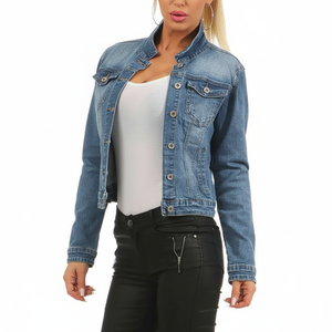 Chaqueta vaquera para mujer, color azul, liso, desgastado, de algodón, botón - Product Image 1