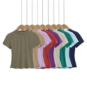 Nuova T-shirt Estiva da <span class=keywords><strong>Donna</strong></span> a Maniche Corte, Vestibilità Aderente, Tinta Unita, in Maglia - Product Image 2