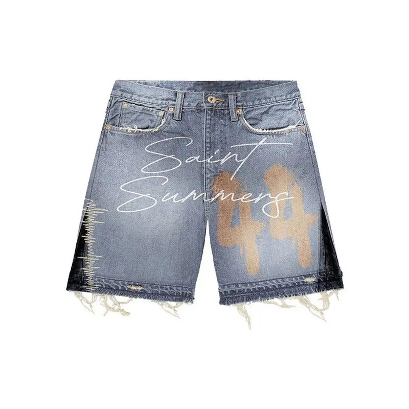 Aangepaste Hoge Kwaliteit Print Zuur Wassen Ruwe Zoom Mode Patchwork Streetwear Jeans Shorts Fabrikant