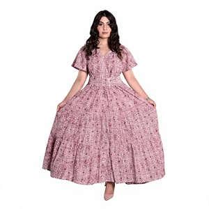 Robe d'été mi-longue pour femme 100 % coton, col en V, manches courtes, sexy, style club, taille naturelle, à volants, motif floral, écologique et lavable - Product Image 1