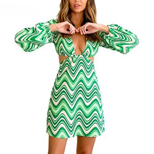 <span class=keywords><strong>Abito</strong></span> <span class=keywords><strong>Mini</strong></span> Sexy da Donna Personalizzato, Moda Estiva, Design Y2k <span class=keywords><strong>Verde</strong></span> con Stampa a Spirale, Maniche Lunghe con Ritagli, Collezione 2026 - Product Image 1