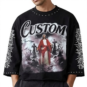 T-shirt noir personnalisé pour homme, col rond, manches 3/4, imprimé graphique, style gothique, streetwear - Product Image 4