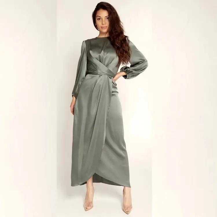 High Quality Elegant Dubai Satin Long Sleeve Long Dresses New Fashion Women Muslim Dress