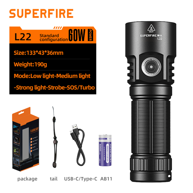 Custom Wholesale Aluminum Alloy High Lumens 60W IP44 Camping Hiking Rechargeable LED Flashlight for Hunting