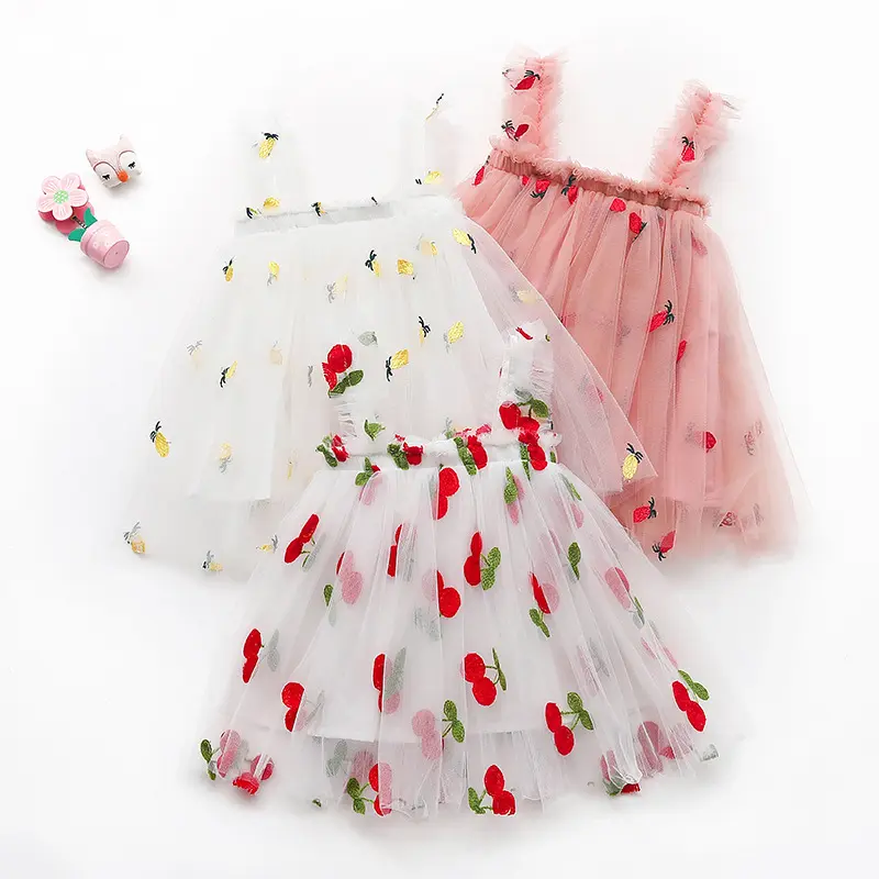 2022 लवली बच्चों बच्चों लड़कियों राजकुमारी Tulle जाल Sundress फल कढ़ाई बिना आस्तीन बच्चे बच्चा पोशाक