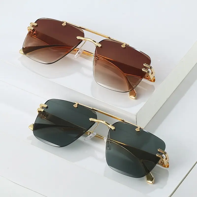 2023 Luxo marca designer sem moldura metal sol óculos dupla ponte dirigindo óculos
