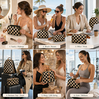 Pochette cosmétique tissée avec logo personnalisé, en cuir PU noir et beige à carreaux, trousse de maquillage, trousse de toilette de voyage, organiseur de beauté, OEM ODM