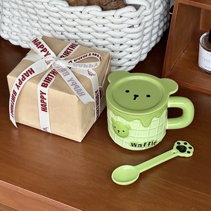 Taza de cerámica ecológica con diseño de gofre de oso bonito con tapa, regalo de negocios de recuerdo práctico para niñas, juego de tazas de estilo de dibujos animados de cumpleaños - Product Image 3